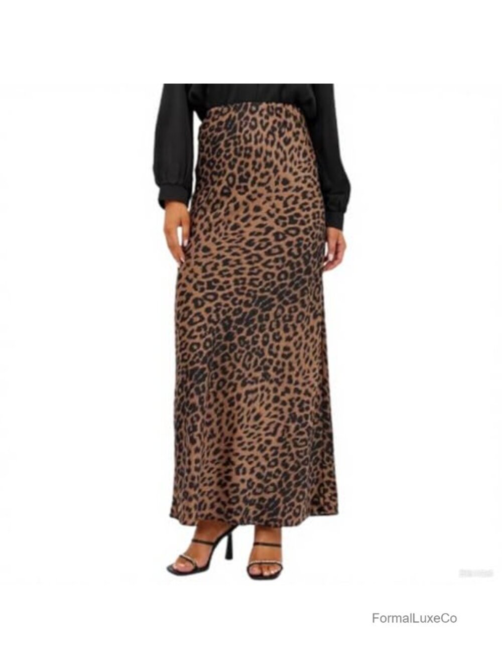 Satin Leopard Maxi Skirt High Waist A-Line Flowy Long Skirt